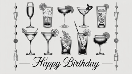 A black and white line art illustration of 20 classic cocktails arranged in three rows against a light gray background.