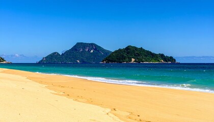 Golden Sand Expanse Kissed by Turquoise Waters of Ocean Stretching Out under Clear Blue Skies with Island View