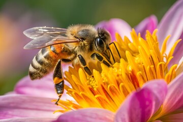 Closeup of a Honeybee on a Vibrant Pink Dahlia Flower