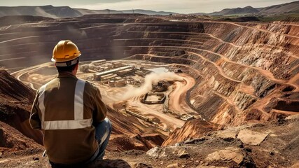 Man wearing virtual reality headset stands at the edge of a large mining pit, showcasing innovative technology in an industrial environment with dramatic sky. Generative 4k video - Powered by Adobe