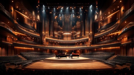 Grand concert hall interior, illuminated by spotlights.