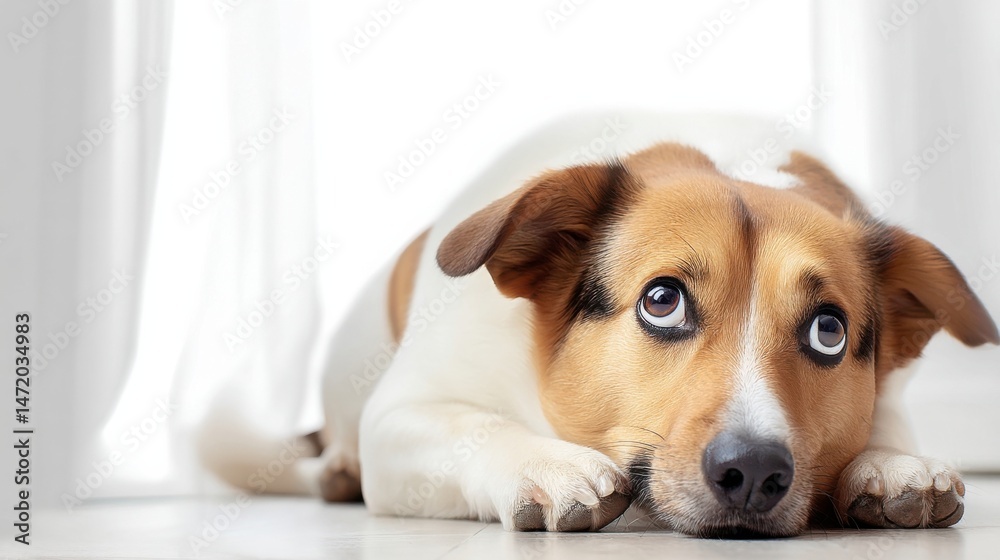 Aufkleber a small, brown and white dog lies on the floor, looking sadly towards the window with big, expressiv