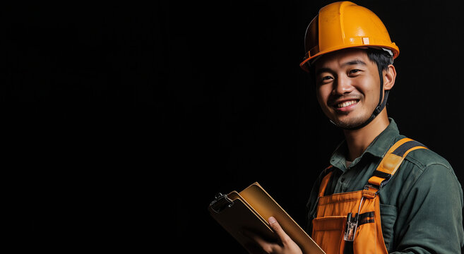 Retrato de um trabalhador da constru&ccedil;&atilde;o civil asi&aacute;tico sorridente usando capacete e segurando uma prancheta, isolado