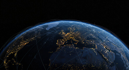 Obraz premium Global Connections: Earth at Night, Networked World, Light Trails, Worldwide Communication, Technology, Connectivity