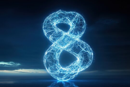 Glowy Blue Number Eight with Particle Effects Over Dark Reflective Surface and Dark Sky Creating a Symbolic and Futuristic Vibe