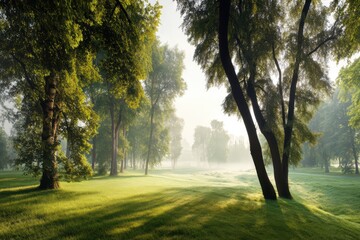 Naklejka premium Tranquil forest scene with dappled sunlight, misty meadow, and golden hour glow in a serene natural landscape.
