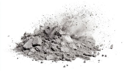 Fototapeta premium Heap of Gray Ash Powder Dust Isolated on White Background Abstract Texture Detail Material Element Scattered in Studio Shot with Overhead Lighting