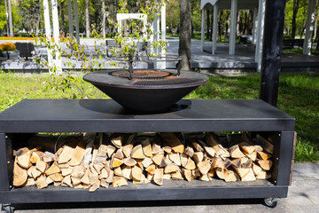 barbecue area with firewood. Summer outdoor recreation with barbecue, brazier