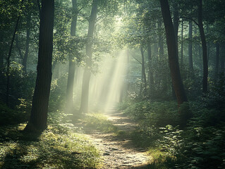 Obraz premium Sunbeams Illuminate Forest Path Magical Woodland Trail Tranquil Nature Scene
