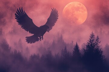 Fototapeta premium A silhouette of an eagle soars against a blood moon backdrop, over a mystical, foggy forest.