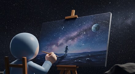 Naklejka premium 3d cute cartoon illustration, a mesmerizing scene set in the vast expanse of deep space, far beyond the reaches of earth, a breathtaking star field twinkles in the distance