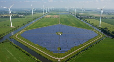 Solar and wind farm landscape.  Large-scale renewable energy project
