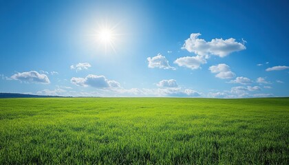 Obraz premium Lush Green Field Under a Blue Sky with Scattered Clouds and a Shining Sun in Bright Daylight Serene Rural Landscape
