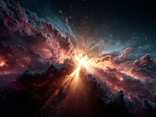 Obraz premium a dramatic, otherworldly scene with a bright, luminous source at the center, surrounded by dense, swirling clouds in shades of dark purple, orange, and black, creating an intense and visually striking