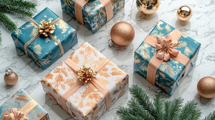 Festive Gift Boxes Arranged on Marble