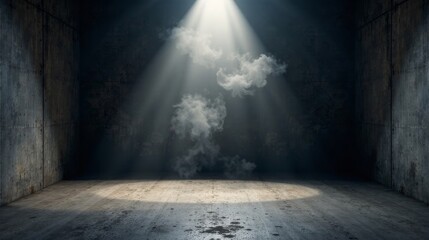 A dimly lit, empty industrial space with textured concrete walls and floor, illuminated by a single spotlight creating dramatic shadows and ethereal smoke