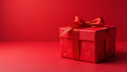 A crimson gift box with a delicate ribbon, adorned with subtle heart patterns, sits elegantly on a matching surface, creating a romantic and festive atmosphere.