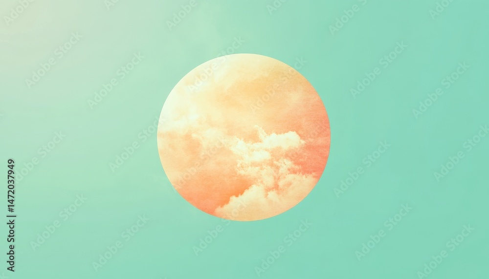 Aufkleber Peach Clouds Inside Circle on Light Cyan Background Dreamy Sky Texture in Soft Watercolor Gradient Style Gentle Celestial Design