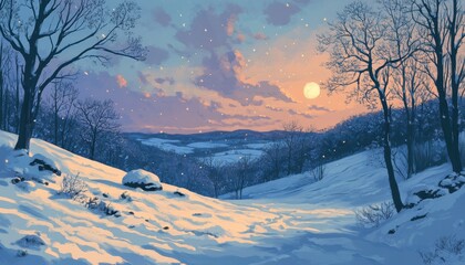Peaceful Winter Sunset Landscape with Snow Covered Trees and Hills in Soft Light Pixel Art