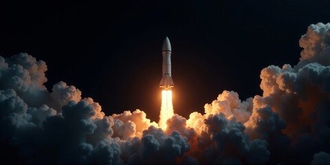 A powerful rocket ascends through a dramatic, swirling cloud of exhaust, leaving a fiery trail against the inky black backdrop of space.