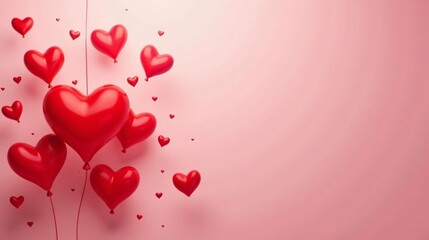 A Cluster of Red Heart-Shaped Balloons Floating Against a Soft Pink Background, Symbolizing Love and Affection