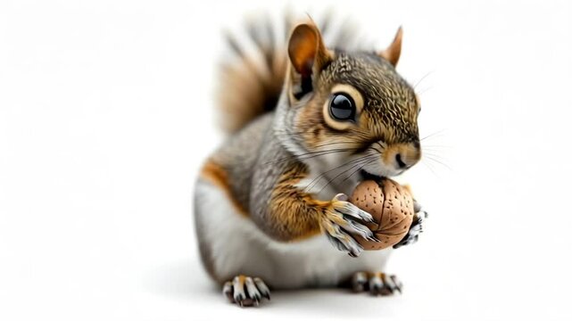 Chubby squirrel holding a large nut with a bushy tail