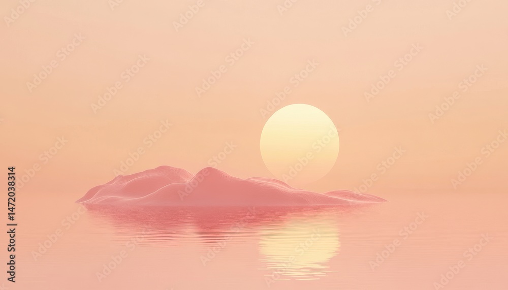 Poster pink sunset over a small rocky island in a calm ocean with gentle reflections and a soft light creat