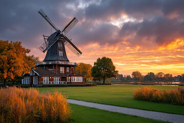 Windmill with blades spinning on a lush green field, sunset colors in the background