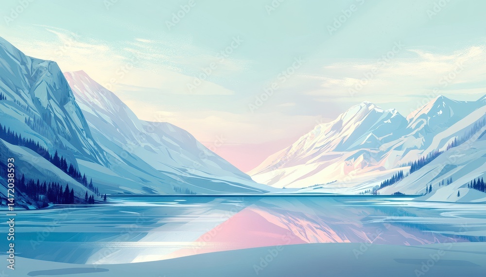 Poster pixel art of snow covered mountains reflecting in a calm lake under a light sky in winter