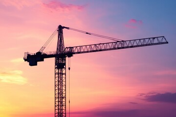 A construction crane stands silhouetted against a vibrant, multi-colored sunset sky of pink, orange, and blue hues, suggesting ongoing urban development.