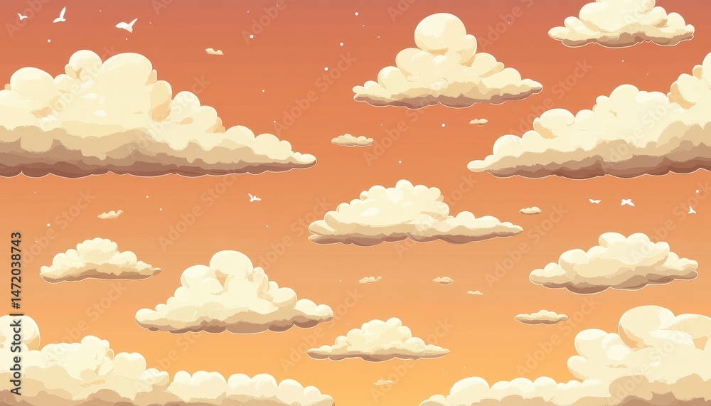 Poster pixel art sky with fluffy beige clouds against a warm orange gradient background for retro gaming an