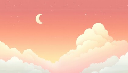 Pixel Art Sky With Pastel Clouds Crescent Moon And Stars Dreamy Celestial Landscape Peaceful Evening Backdrop Soft Colors Atmospheric Design