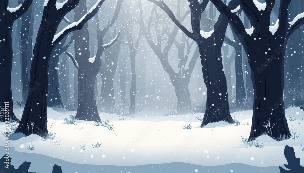 Poster pixel art winter forest landscape scene with falling snow and bare trees in a serene atmosphere