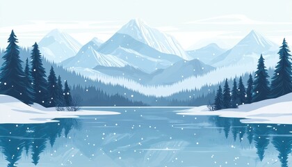 Pixel Art Winter Landscape with Snowy Mountains Forest and Lake with Reflections in Shades of Blue and White