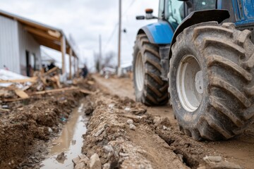 A close-up shot of a blue tractor navigating a dusty country road, illustrating the essence of rural life, the importance of hard work, and connection to the agricultural landscape.