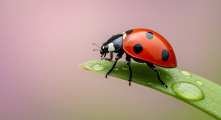 Fototapeta premium Ladybug on a Dew-Kissed Leaf: A Macro Photography Masterpiece