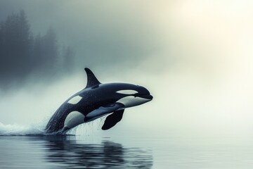 Fototapeta premium Orca leaps from calm water in misty ocean, with evergreen trees blurred in the background.