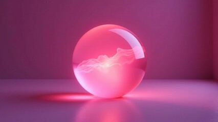 Pink sphere with inner light and flowing forms on a pink surface