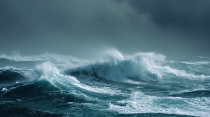 Stormy Ocean Panorama with Grey-Blue Waves Intertwined in Dramatic Natural Power Display.