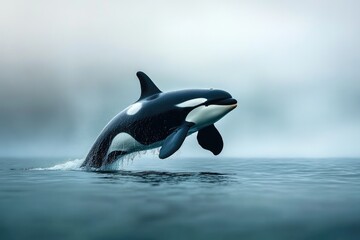 Fototapeta premium A powerful orca breaches the ocean's surface, showcasing its majestic beauty and aquatic prowess in a stunning display of nature.