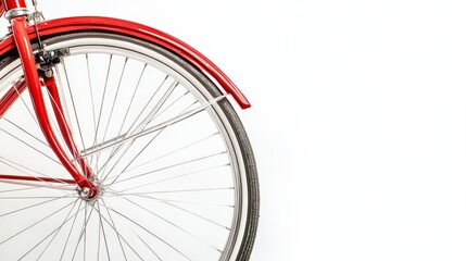 Close up of red bicycle wheel and frame against white background