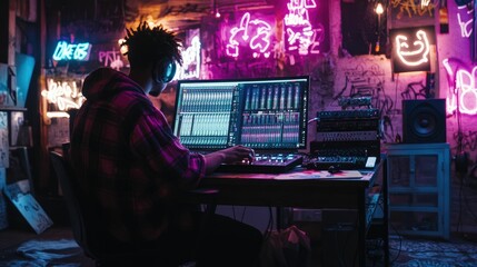 Person mixing audio; neon-lit studio, colorful walls.