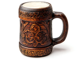 A wooden coffee mug with a floral design sits on a white background