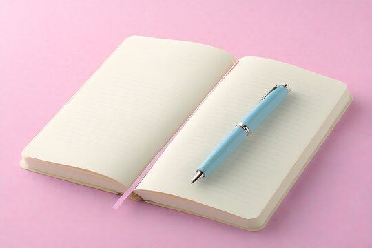 Open Notebook with Light Blue Pen on Pink Background - Powered by Adobe