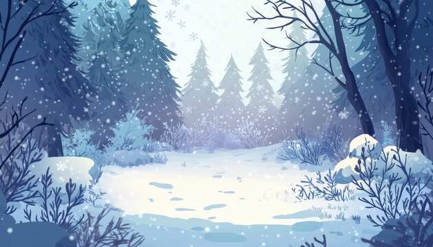 Winter Forest Pixel Art Snowfall Scene with Tall Trees and Snowy Path in Blue Tones Digital Landscape Illustration