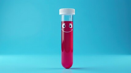 A medical test tube with blood on a blue background looks like a little man with eyes and handles and smiles broadly and holds a small flower in his hands, cartoon character for blood analysis and don