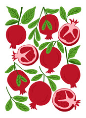 Vector poster with whole and halved pomegranates and green leaves on white background. Concept of healthy food, natural nutrition and fresh fruit harvest