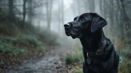 A black labrador standing on a foggy forest trail with dewdrops on its fur, gazing into the distance.