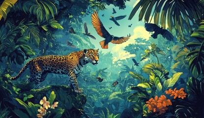 Fototapeta premium Pixelated Jungle Scene with Tiger and Birds in Lush Greenery and Vibrant Flora Digital Art Landscape