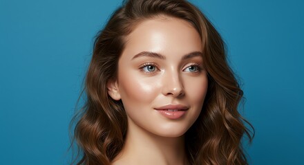 Naklejka premium Woman with blue eyes on blue backdrop
